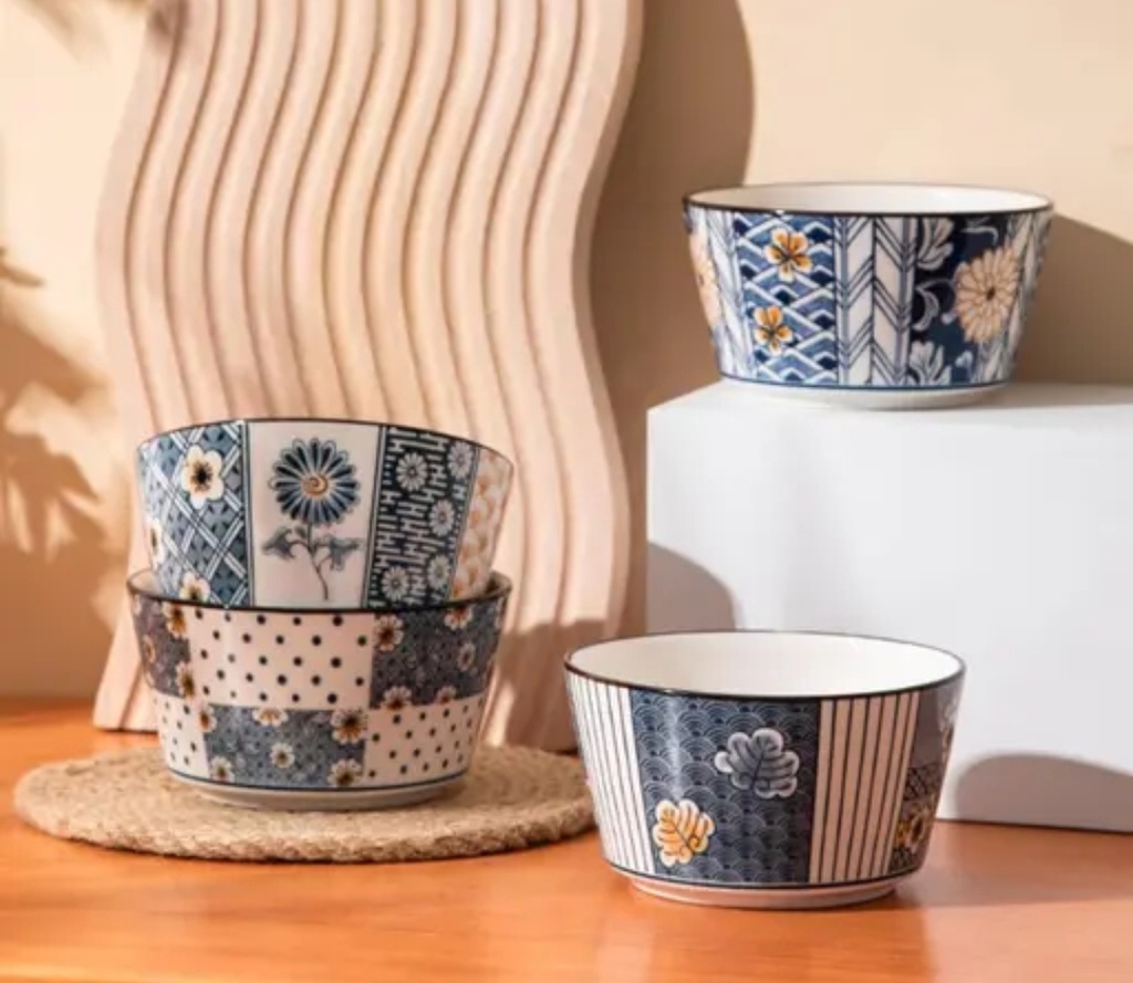 Set of 4 Premium Ceramic Printed Bowl Set | Microwave & Dishwasher Safe Soup, Snack, Dessert & Serving Bowls | Floral Designer Kitchen Bowls